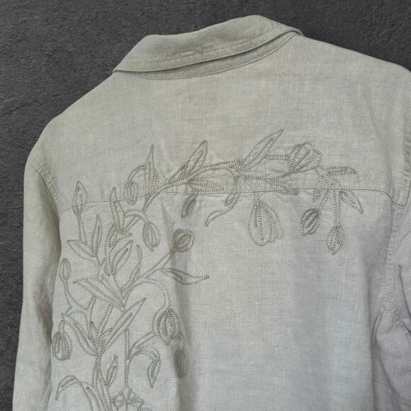 J. Jill Women's Linen Floral Embroidered trucker Jacket L Beige Cream Feminine - Picture 3 of 10